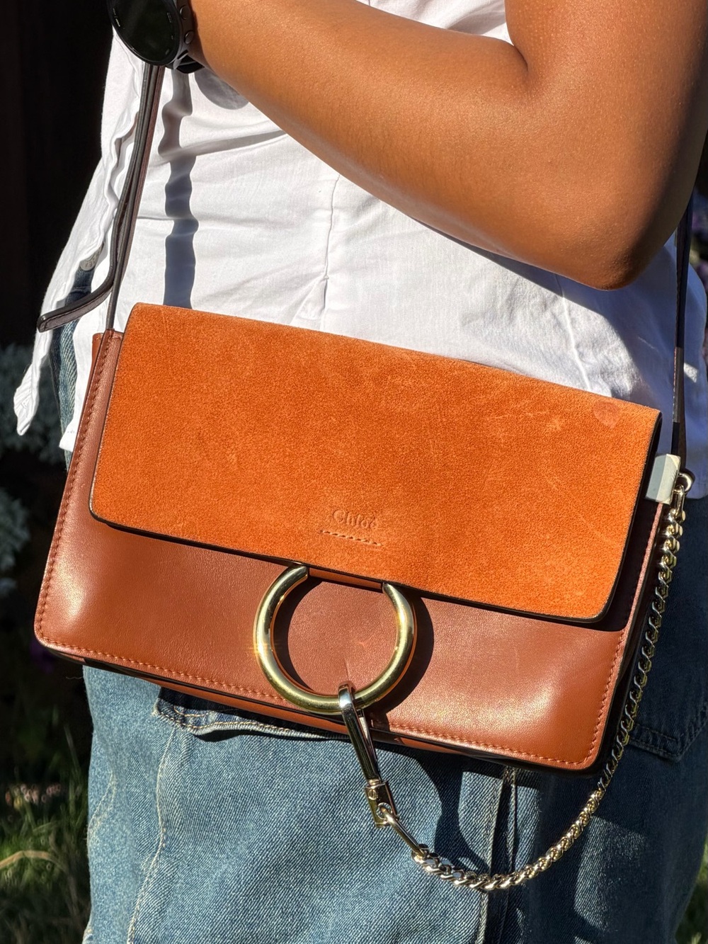 Faye Suede & Leather Shoulder Bag in Cognac